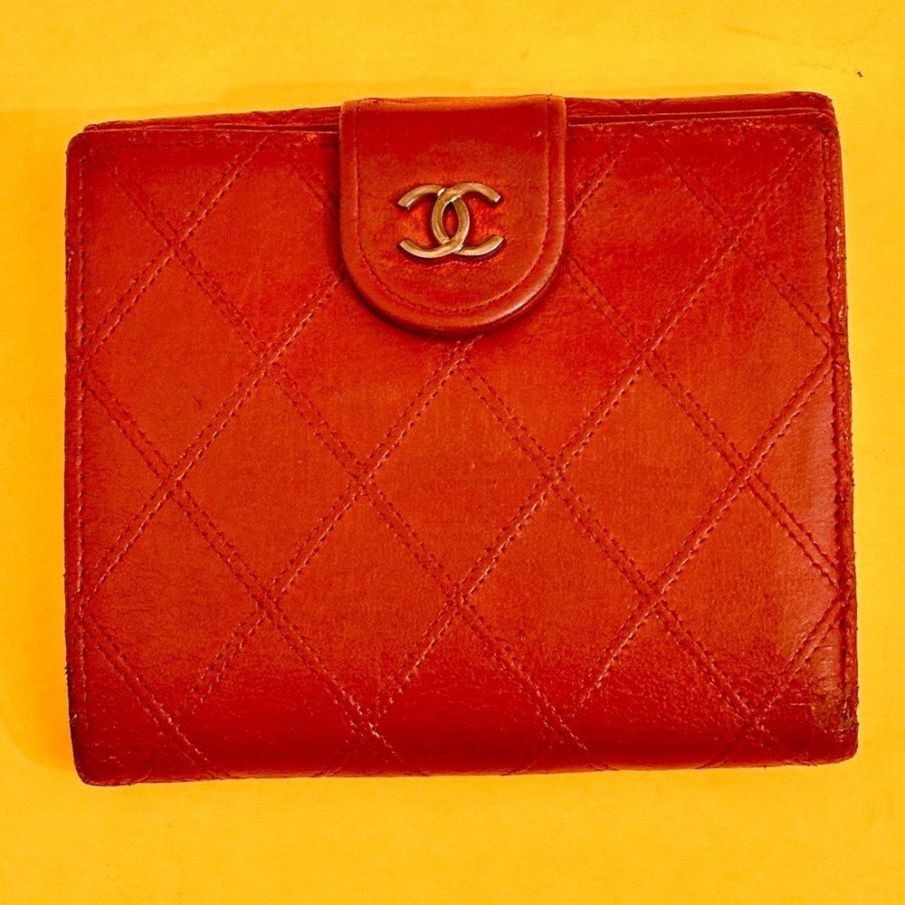 CHANEL Quilted Red Leather Wallet with CC Logo